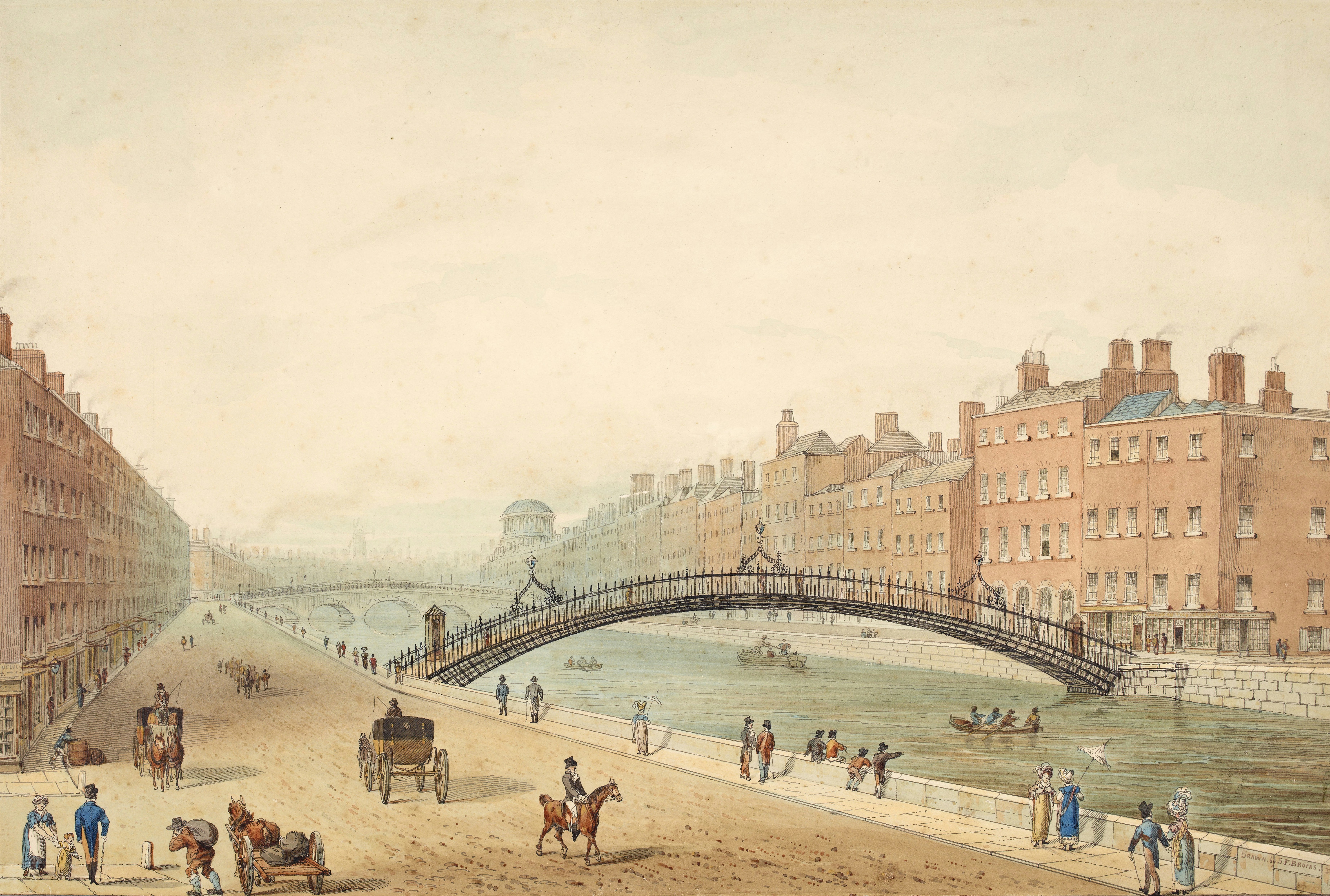 Vue d'une rue animée du centre-ville de Dublin avec des bâtiments colorés