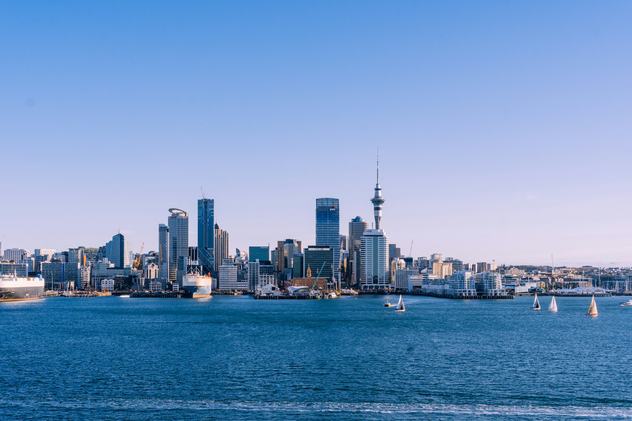 Vue panoramique du port d'Auckland avec la Sky Tower en arrière-plan